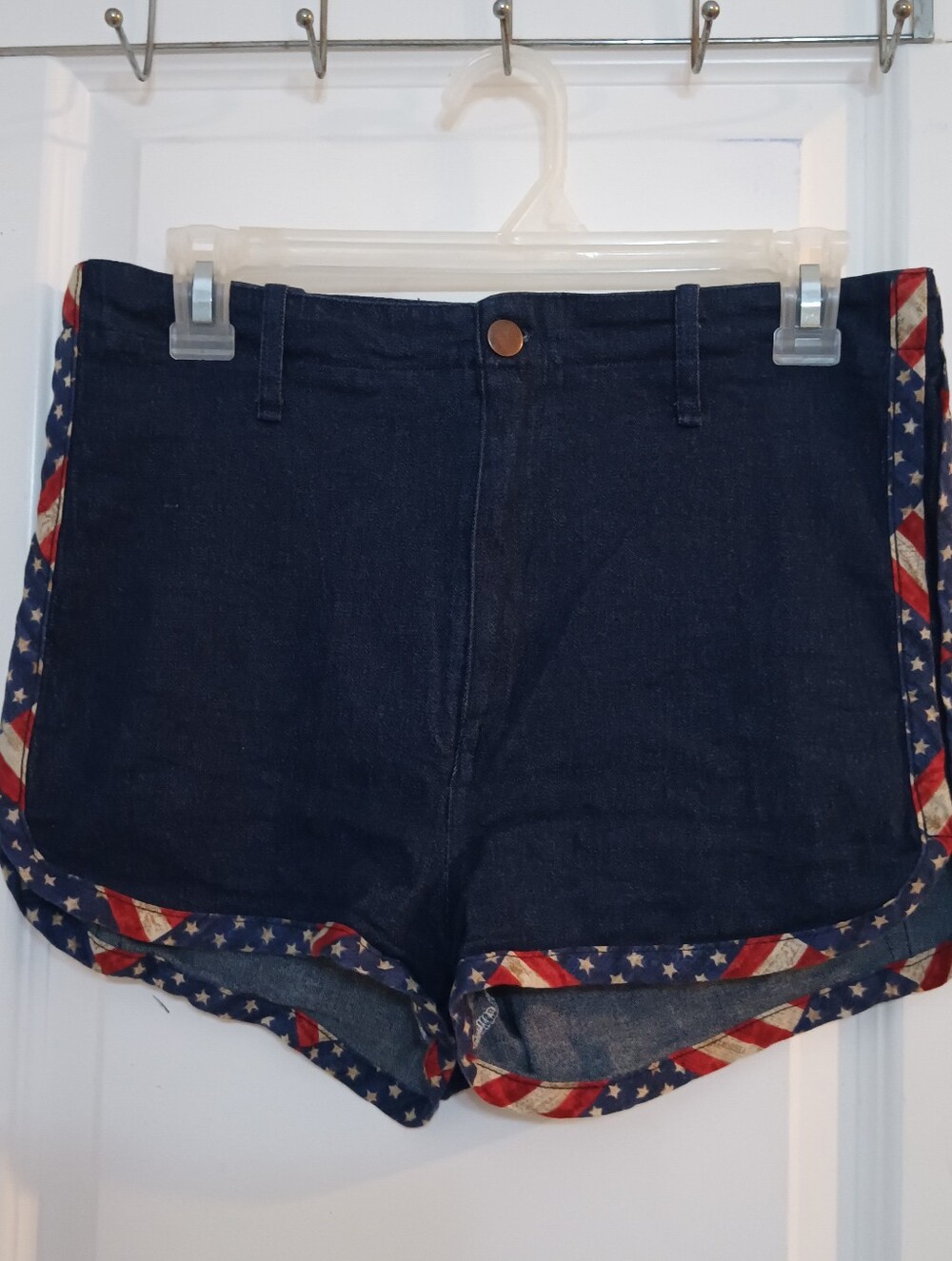 High-Rise Navy Denim Shorts with Stars & Stripes Trim